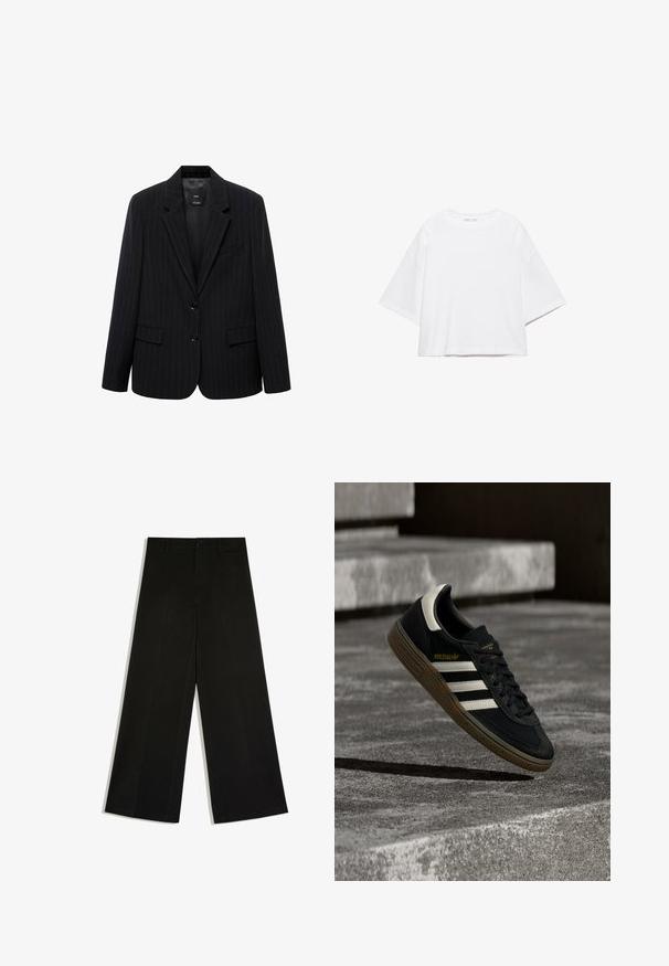 Sort blazer med smalle striber, der har et skåret revers, frontknapper og to forlommer. Fremstillet af glat stof med en skræddersyet pasform.; Hvid, kortærmet, løs t-shirt lavet af blød bomuld. Har rund halsudskæring og brede ærmer, med et rent, enkelt design.; Sorte bukser med vidde ben, bæltestropper, knaplukning foran og lynlås, lagt fladt på hvid baggrund.; Sort Adidas-sneaker med hvide striber og gummisåler, svævende over grå betontrapper i naturligt lys.