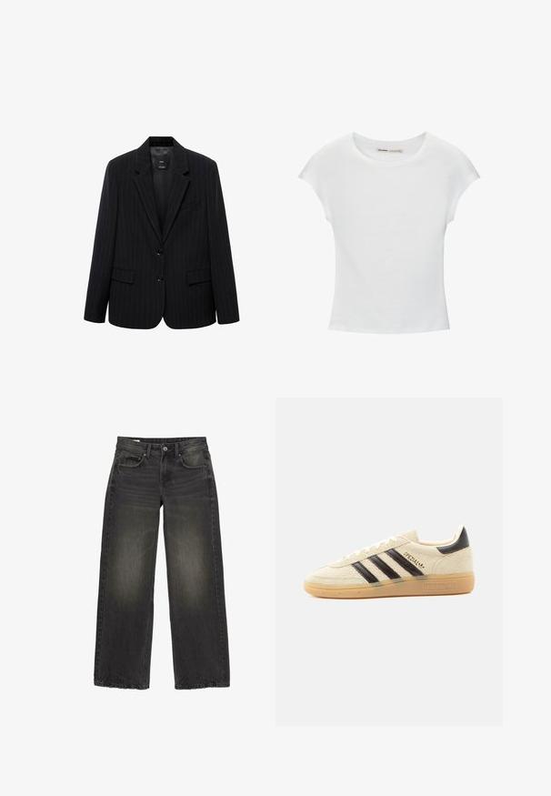 Sort blazer med smalle striber, der har et skåret revers, frontknapper og to forlommer. Fremstillet af glat stof med en skræddersyet pasform.; Hvid bomuld t-shirt med korte, opsmøgede ærmer, rund halsudskæring og lige kant. Glat tekstur uden synlige mønstre eller detaljer.; Sorte jeans med brede ben, falmede detaljer, knap foran, lynlås og fem lommer lagt fladt på en hvid baggrund.; Kremfarvet ruskindssneaker med sorte striber, gummisål, sort hælstrop og gyldent "SPEZIAL"-tekst på siden.