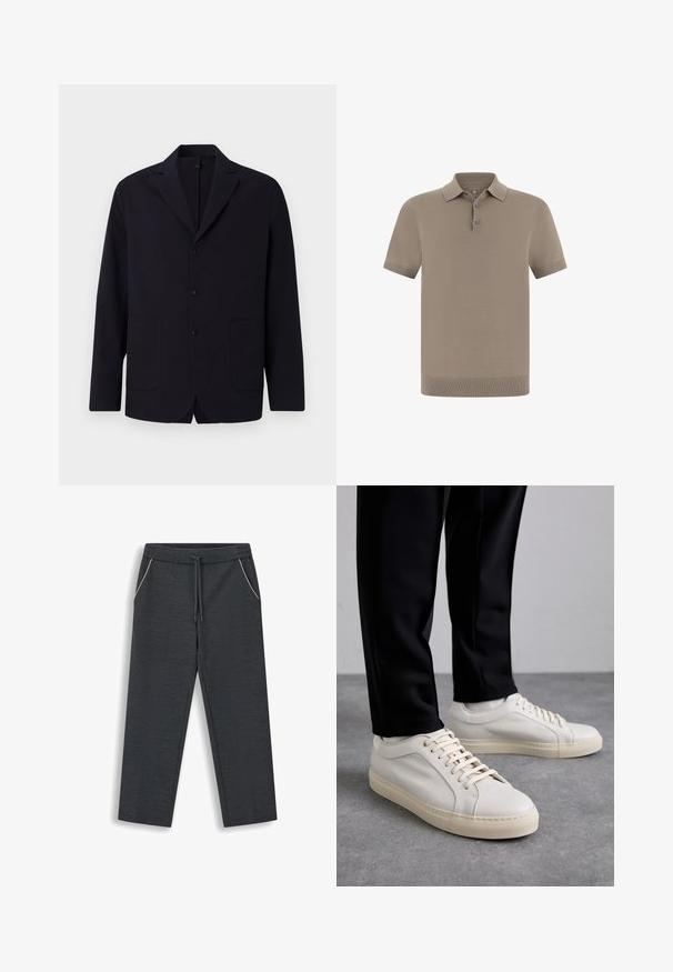 Blazer navy en tissu texturé, à un bouton avec trois boutons, revers à cran, deux poches frontales et coupe décontractée.; Polo couleur taupe avec une finition texturée, manches courtes et col. Comprend une patte de boutonnage à trois boutons et des poignets côtelés.; Pantalon de survêtement gris foncé à jambes droites avec taille à cordon et détail de passepoil blanc sur les poches avant, présenté à plat sur fond blanc.; Baskets en cuir beige clair avec des lacets plats, une surface texturée et une semelle en caoutchouc crème contrastante, associées à un pantalon noir fuselé.