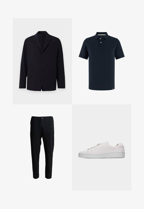 Blazer navy en tissu texturé, à un bouton avec trois boutons, revers à cran, deux poches frontales et coupe décontractée.; Polo à manches courtes bleu marine avec patte de boutonnage à deux boutons et petite étiquette logo en bas de l'ourlet sur fond blanc.; Pantalons de jogging noirs avec une taille élastique, poches zippées sur les côtés et jambes fuselées. Fabriqués en tissu doux avec une texture lisse.; Baskets basses en cuir blanc avec lacets blancs, semelle en caoutchouc plate texturée et coutures minimalistes, vues de côté extérieur sur fond blanc.