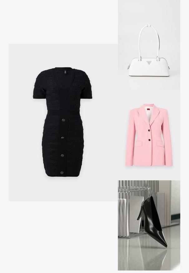 Lyserød blazer med skræddersyet pasform, enkeltknap-design, to frontlommer og sorte knapdetaljer. Glat stoftekstur.; Sort strikket kjole med V-udskæring, korte ærmer og teksturerede striber. Har en tætsiddende silhuet og seks guldfarvede frontknapper.; Sort højhælet sko med spids tå og guldlogo, placeret på en reflekterende overflade nær en krom trådfilholder med dokumenter.; Hvid lædertaske med en buet form, der har et sølvtrapezlogo og lynlåslukning. Glat tekstur og dobbelthåndtag.