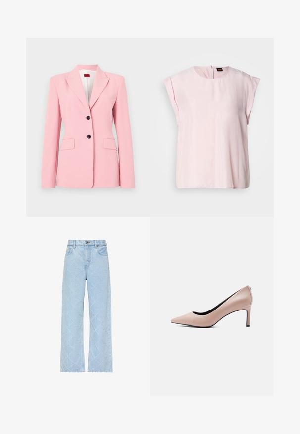 Lyserød blazer med skræddersyet pasform, enkeltknap-design, to frontlommer og sorte knapdetaljer. Glat stoftekstur.; Lyserød, kortærmet top med rund halsudskæring og en subtil glans. Har en lynlås på bagsiden og en afslappet pasform. Glat tekstur.; Lyseblå denimjeans med høj talje og vide ben, med et diskret diamantquiltet mønster over det hele.; Beige spids-tå højhælet sko med en slank stilet-hæl på en ensfarvet hvid baggrund.