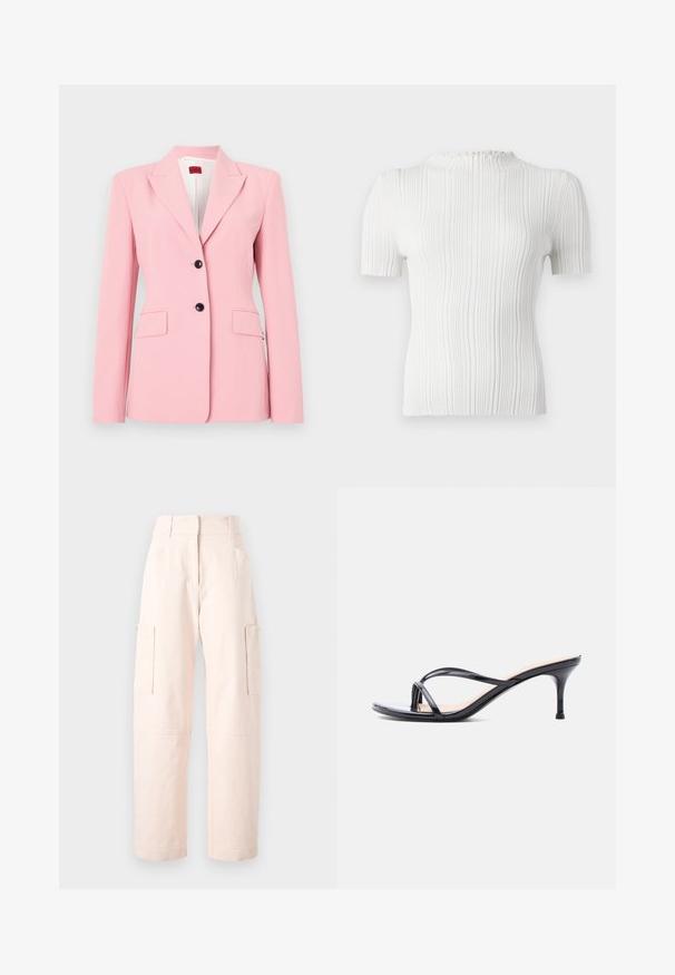 Lyserød blazer med skræddersyet pasform, enkeltknap-design, to frontlommer og sorte knapdetaljer. Glat stoftekstur.; Hvid ribbet kortærmet top med høj hals og tekstureret finish. Har subtile lodrette linjer og en tætsiddende silhuet.; Lyserøde cargo bukser lavet af bomuld, med lige pasform, to sidelommer og en talje med elastiske detaljer.; Sort laklædersandal med hæl, tynde krydsede remme og en slank mellemhøj stilethæl på en hvid baggrund.