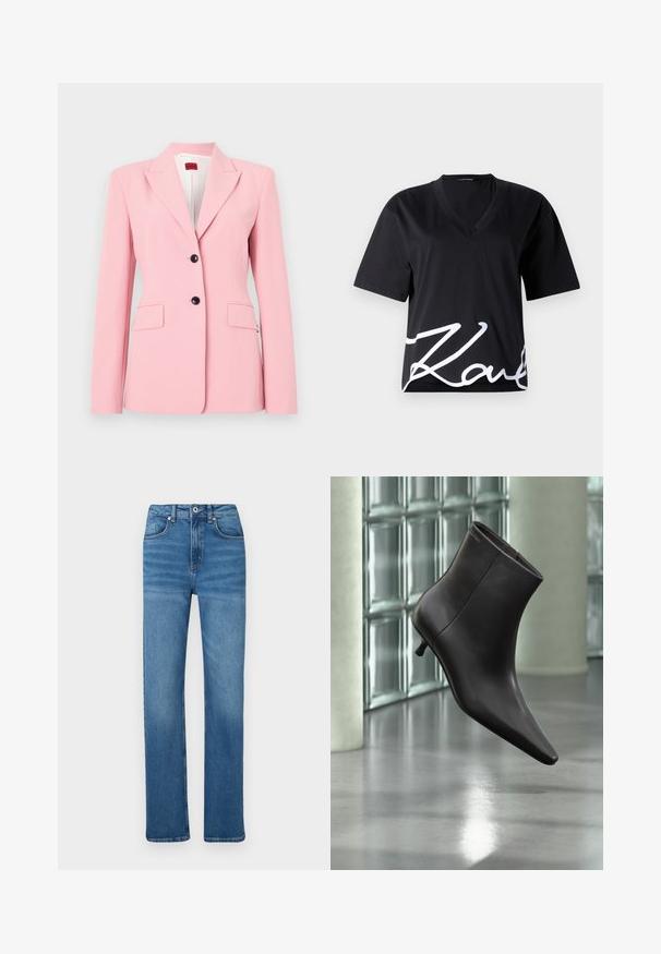 Blazer rose clair au fit ajusté, design à un bouton, avec deux poches avant et des accents en boutons noirs. Texture de tissu lisse.; T-shirt noir à col en V fabriqué à partir d'un tissu doux, avec des manches courtes et une grande impression blanche de signature sur le bas devant.; Jeans en denim bleu avec une coupe droite, comportant une fermeture par bouton et zip, cinq poches et un délavage subtil le long des jambes.; Bottine en cuir noir avec bout pointu et petit talon, présentée devant un mur en blocs de verre et un sol poli.