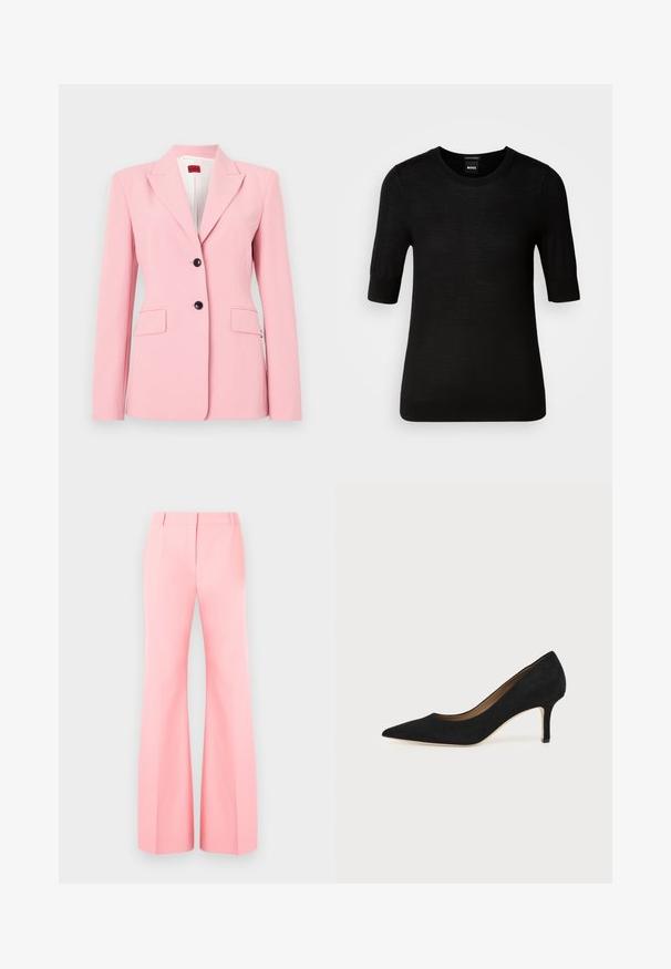 Lichtroze blazer met een getailleerde pasvorm, enkel-breasted ontwerp, twee voorzakken en zwarte knoopaccenten. Glad textuur van de stof.; Zwarte short-sleeve trui gemaakt van fijne merino wol. Ronde halslijn, slim fit, gladde textuur, minimalistisch design, geen zichtbare patronen of accenten.; Roze wijde broek met een op maat gemaakte uitstraling, met een vlakke voorkant en keurig gestreken plooien. Glad stof en hoge taille.; Zwarte suède pumps met spitse neus, een slanke middenhoge naaldhak en een laag uitgesneden ontwerp op een effen achtergrond.