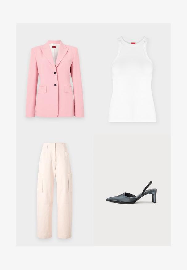 Blazer rose clair au fit ajusté, design à un bouton, avec deux poches avant et des accents en boutons noirs. Texture de tissu lisse.; Débardeur côtelé blanc sans manches avec col montant et coupe ajustée, présenté sur un fond clair uni.; Pantalons cargo rose clair en coton, avec une coupe droite, deux poches latérales et une taille avec des détails élastiques.; Escarpin noir à bride arrière avec un bout pointu, une finition satinée élégante et un talon fin de 7,5 cm. Design latéral ouvert avec des détails de couture minimalistes.