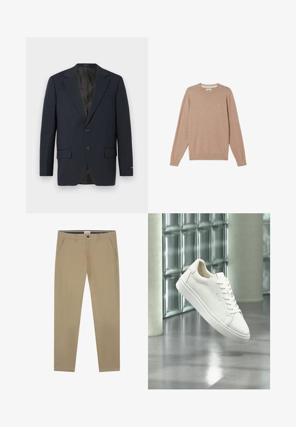 Marineblauwe blazer, twee knopen, notch-revers, twee voorzakken, gestructureerde stof en een gladde zwarte binnenvoering.; Beige, lange mouwen, sweater met ronde hals, geribbelde boorden aan de mouwen en zoom, klein geborduurd logo op de linkerborst, plat gelegd op een witte achtergrond.; Beige chino's gemaakt van zachte katoen, met een recht model, een enkele knoopsluiting en twee zijzakken. Subtiele stikseldetails.; Witte lage sneaker met veters die zweeft boven een reflecterende betonnen vloer tegen een achtergrond van een glazen blokken muur.