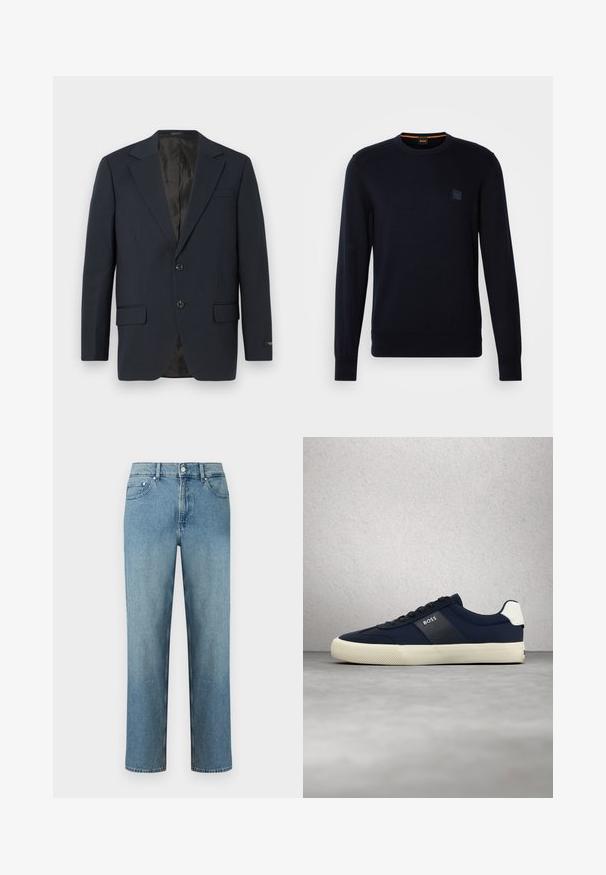 Marineblå blazer, to-buttons lukning, notch lapels, to forlommer, struktureret stof og en glat sort inderside.; Marineblå strikket trøje med lange ærmer, rund halsudskæring, ribbede manchetter og kant, med et lille firkantet logo-patch på brystet.; Lyseblå denimjeans med lige snit, fem-lomme design og knaplukning ved taljen. Sømme med syningsdetaljer.; Marineblå BOSS-sneaker med hvid sål og hældetalje, sorte snørebånd, placeret i luften mod en grå gulv- og glasvæg.