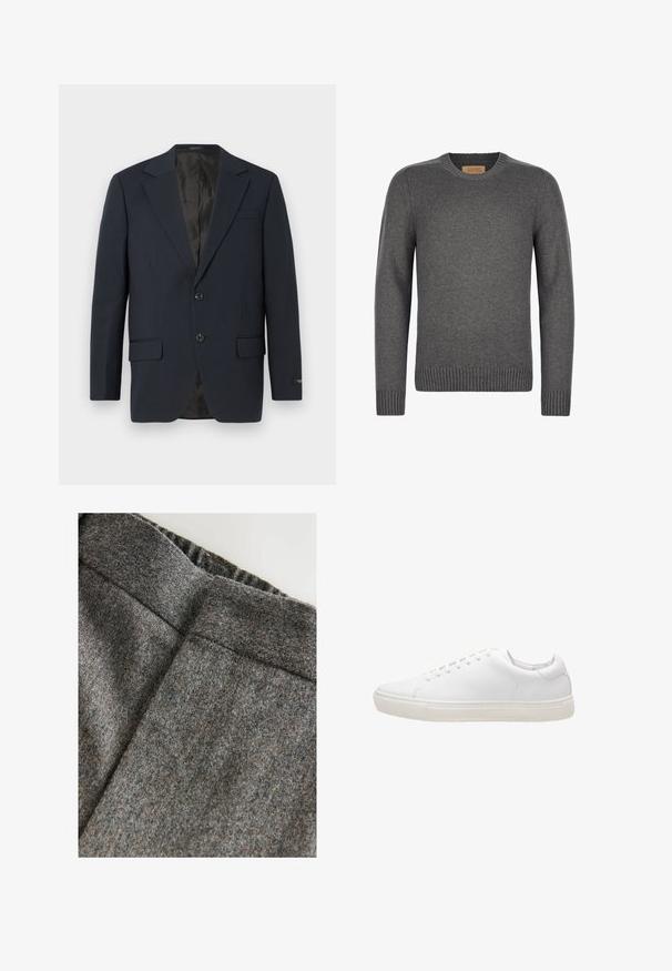 Marineblauwe blazer, twee knopen, notch-revers, twee voorzakken, gestructureerde stof en een gladde zwarte binnenvoering.; Grijze trui met lange mouwen en ronde hals, met geribde boorden en zoom, gemaakt van fijn gebreid materiaal.; Grijze wollen mix broek met een soepele textuur, voorzien van een brede tailleband en een cleane, klassieke snit. Subtiele kleurvlekken aanwezig.; Witte leren sneaker met een gladde textuur, ronde neus, vetersluiting en een platte rubberen zool. Minimalistisch ontwerp zonder zichtbare patronen.