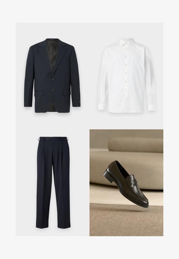 Marineblå blazer, to-buttons lukning, notch lapels, to forlommer, struktureret stof og en glat sort inderside.; Hvid langærmet skjorte med knapper, spredekrave og knapmanchetter, vist på en ensfarvet hvid baggrund.; Marineblå skræddersyede bukser med knap- og lynlåslukning foran, bæltestropper og sidelommer, vist på en hvid baggrund.; Sort lædersko med slip-on design, svævende over beige tæppe med beige sofa i baggrunden, der fremhæver klassisk herrestil.