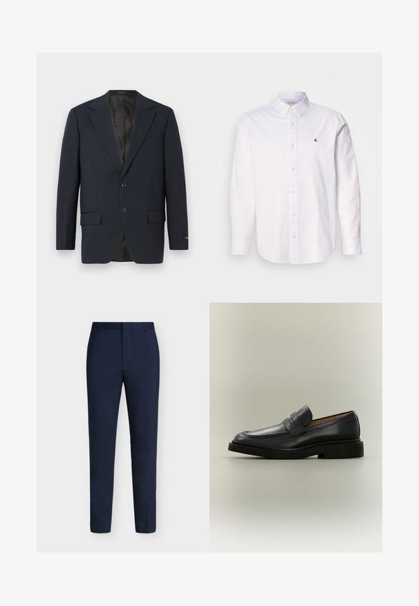 Marineblå blazer, to-buttons lukning, notch lapels, to forlommer, struktureret stof og en glat sort inderside.; Hvid skjorte med knappelukning lavet af bomuld, med klassisk krave, lange ærmer og et lille CK-logo på venstre bryst. Glat tekstur.; Mørkeblå formelle bukser med bæltestropper, en skjult frontlynlås og smalle, lige ben på en lys baggrund.; Sort læder herreloafer med lav hæl og en remdetalje over vristen, vist i profil på en neutral baggrund.