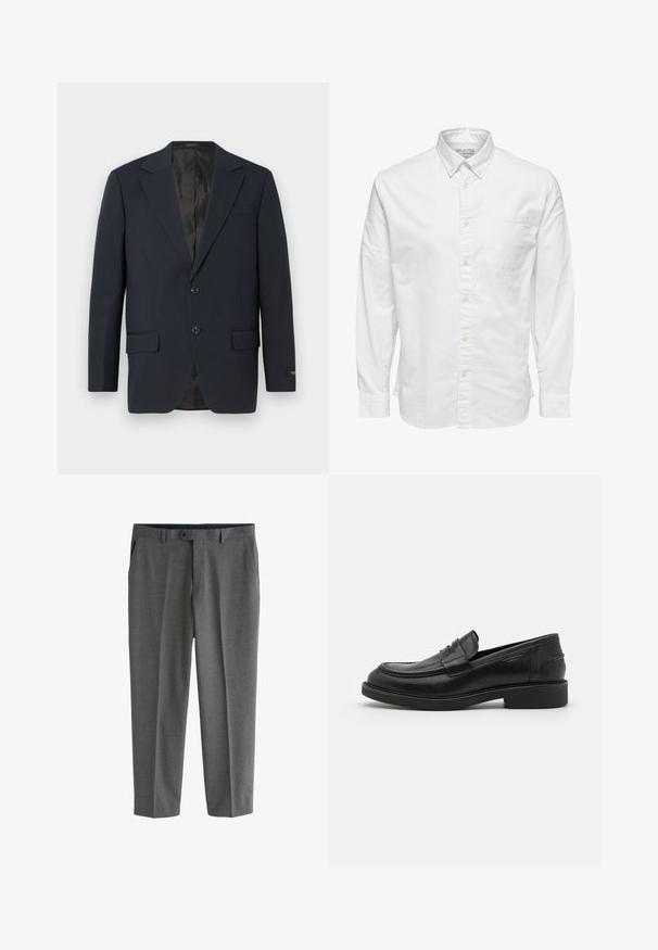 Marineblauwe blazer, twee knopen, notch-revers, twee voorzakken, gestructureerde stof en een gladde zwarte binnenvoering.; Wit overhemd met lange mouwen, knopen, kraag en borstzak, met het label "Selected Homme" aan de binnenkant van de kraag.; Grijze, op maat gemaakte herenkledingbroek met zijzakken, riemlussen en een knoopsluiting in de taille.; Zwarte leren loafers met een ronde neus, ton-sur-ton stiksels en een banddetail aan de voorkant. Rubberen zool met een lage hak.