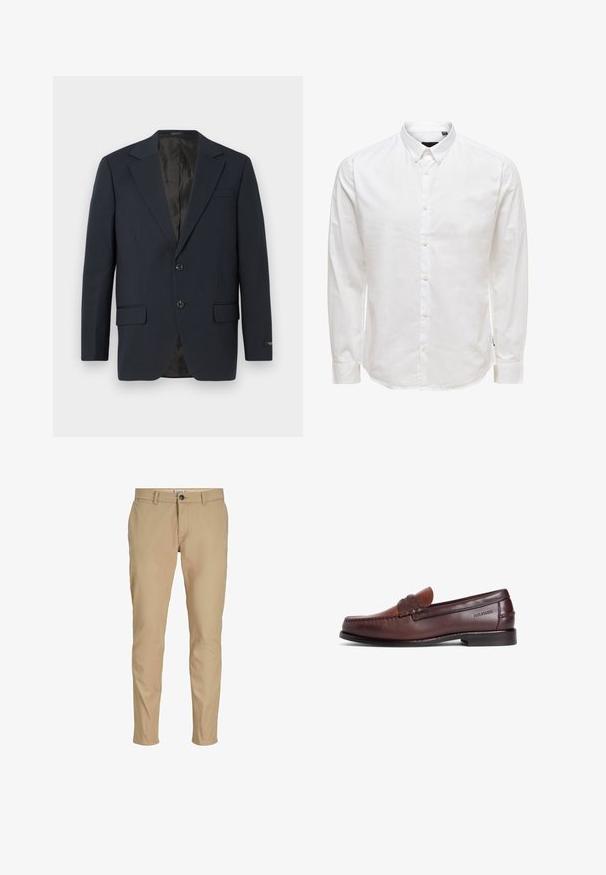 Marineblå blazer, to-buttons lukning, notch lapels, to forlommer, struktureret stof og en glat sort inderside.; Hvid langærmet skjorte med knaplukning og krave, der har en glat tekstur og seks knapper foran. Skræddersyet pasform med manchetter.; Beige, tætsiddende herrebukser med bæltestropper, frontknaplukning og sidelommer på hvid baggrund.; Brun læderloafer med en glat finish, der har en dekorativ rem og syningsdetaljer. Lav hæl og afrundet tådesign.
