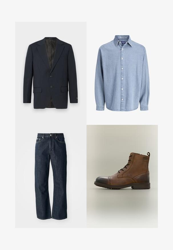 Marineblå blazer, to-buttons lukning, notch lapels, to forlommer, struktureret stof og en glat sort inderside.; Lysblå denim skjorte med lange ærmer og knapper, med krave og hvide knapper, præsenteret mod en helt hvid baggrund.; Mørkeblå denim jeans med lige ben-design, der har fem lommer, knaplukning og synlige syninger.; Brun læderstøvle med snørebånd, sort tåhætte, rund sål og mærket detalje på siden mod ensfarvet baggrund.