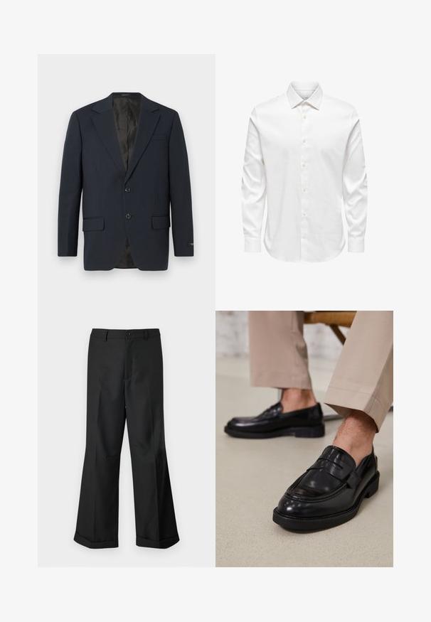 Marineblå blazer, to-buttons lukning, notch lapels, to forlommer, struktureret stof og en glat sort inderside.; Hvid herreskjorte med lange ærmer, spids krave og række af hvide knapper foran på ensfarvet baggrund.; Sorte vide benbukser med knappet talje og opslåede ben, præsenteret mod en ensfarvet hvid baggrund.; Sorte lædermokkasiner med en glat overflade, der har en dekorativ rem og kontraststing, parret med beige bukser.
