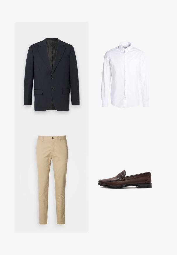 Marineblauwe blazer, twee knopen, notch-revers, twee voorzakken, gestructureerde stof en een gladde zwarte binnenvoering.; Witte lange mouwen blouse met een knoopsluiting kraag en een borstzak, weergegeven op een effen witte achtergrond.; Beige chino's met een knoopsluiting, slanke pasvorm en een gladde katoenstof. Bevat stikdetails en een standaard vijfzakkenontwerp.; Bruine leren herenloafer met gestikte details en lage hak, gezien vanaf de zijkant tegen een witte achtergrond.