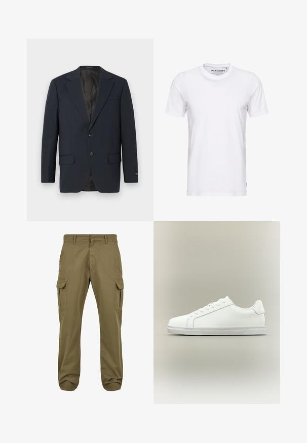 Marineblå blazer, to-buttons lukning, notch lapels, to forlommer, struktureret stof og en glat sort inderside.; Hvid t-shirt med korte ærmer lavet af bomuld, med en rund hals og et enkelt design. Brandtag synlig på halsområdet. Ingen mønstre eller accenter.; Grønne cargo bukser med lige pasform, lavet af bomuld, med sidelommer og knaplukning for funktionalitet. Glat tekstur, afslappet design.; Lavtop hvid sneaker med snørelukning foran og tekstureret gummisål mod en ensartet neutral baggrund.
