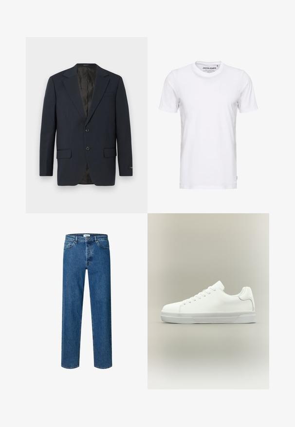Marineblauwe blazer, twee knopen, notch-revers, twee voorzakken, gestructureerde stof en een gladde zwarte binnenvoering.; Witte korte mouwen t-shirt van katoen, met een ronde hals en een eenvoudig ontwerp. Merktag zichtbaar op het nekgebied. Geen patronen of accenten.; Blauwe straight-leg denim jeans met knoop- en ritssluiting, ceintuurlussen en een vijfzakkenontwerp.; Witte lage sneaker met veters aan de voorkant, gevoerde kraag en gerubberde zool met textuur, zijaanzicht op een neutrale achtergrond.