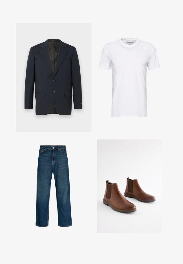 Marineblå blazer, to-buttons lukning, notch lapels, to forlommer, struktureret stof og en glat sort inderside.; Hvid t-shirt med korte ærmer lavet af bomuld, med en rund hals og et enkelt design. Brandtag synlig på halsområdet. Ingen mønstre eller accenter.; Herreblå jeans med lige ben, fem lommer og knaplukning, vist på en hvid baggrund.; Brune læderankelstøvler med elastiske sidestykker, rundet tå og en lagdelt hæl. Glat tekstur med kontrasterende brune accenter.