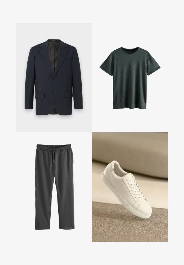 Marineblauwe blazer, twee knopen, notch-revers, twee voorzakken, gestructureerde stof en een gladde zwarte binnenvoering.; Donkergrijze T-shirt gemaakt van zachte, gestructureerde stof. Beschikt over een klassieke ronde hals en korte mouwen met een subtiel patroon. Geen zichtbare logo's.; Grijze sweatpants met een elastische tailleband en verstelbaar trekkoord. Gemaakt van zacht materiaal, met zijzakken en een ontspannen fit.; Witte leren sneaker met witte veters, weergegeven op een beige textuurovervlak en een zacht vervaagd achtergrond.