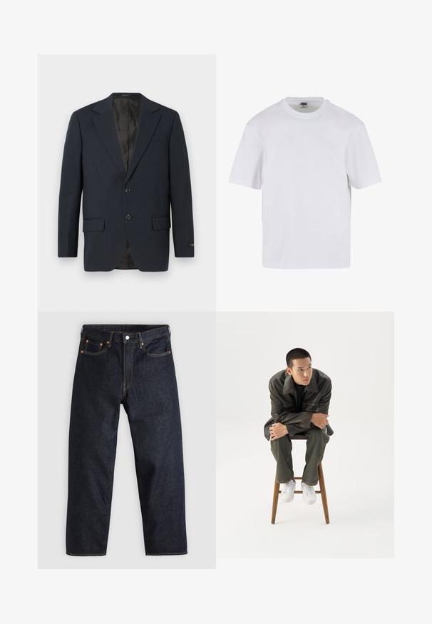 Marineblauwe blazer, twee knopen, notch-revers, twee voorzakken, gestructureerde stof en een gladde zwarte binnenvoering.; Witte kraagloze t-shirt met korte mouwen, gemaakt van katoen. Heeft een ronde halslijn en een losse pasvorm. Soepele textuur, minimalistisch ontwerp, geen patronen of accenten.; Donkerblauwe denim jeans met een rechte snit, vijf zakken, contrasterende oranje stiksels en een knoopsluiting. Geen zichtbare patronen of versieringen.; Jonge man in een donkere leren jas en spijkerbroek zit op een houten kruk, leunt naar voren met gekruiste armen en kijkt naar de zijkant tegen een witte achtergrond.
