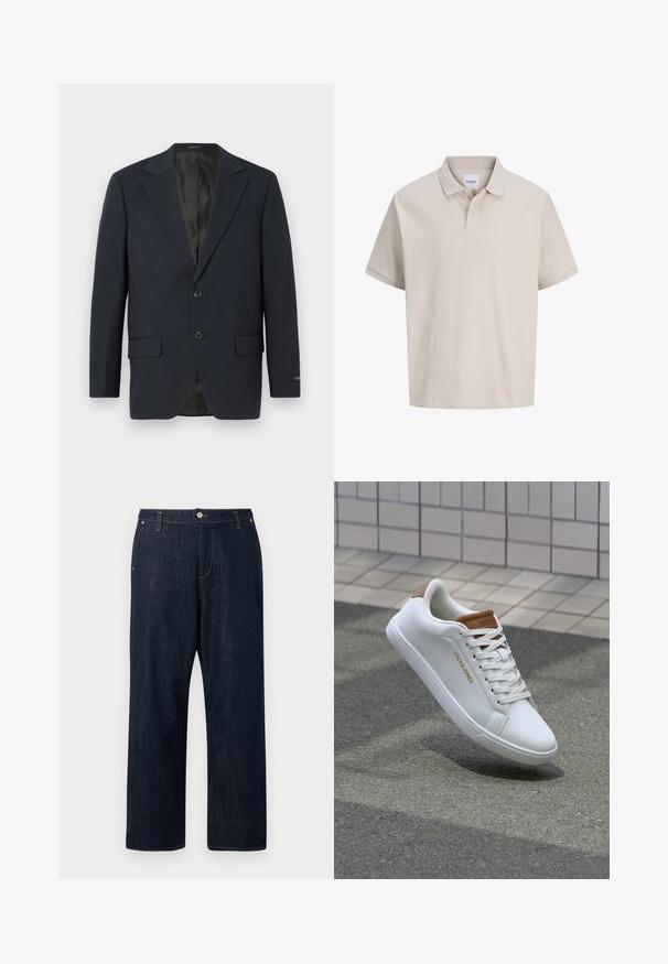 Marineblå blazer, to-buttons lukning, notch lapels, to forlommer, struktureret stof og en glat sort inderside.; Beige kortærmet polo med subtile lodrette striber, en klassisk krave og en to-knaps stolpe.; Mørkeblå jeans med lige ben, knap og lynlås foran, bæltestropper og lommer, vist mod en ensfarvet baggrund.; Hvide lædersneakers med en glat overflade, tan-akcent på hælen, gyldent logo på siden og en gummisål med tekstureret greb.