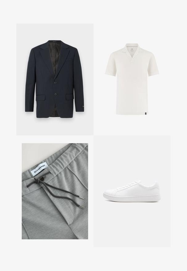 Marineblauwe blazer, twee knopen, notch-revers, twee voorzakken, gestructureerde stof en een gladde zwarte binnenvoering.; Witte polo met korte mouwen, open kraag, klein zwart label aan de zoom en merkembleem aan de binnenkant van de halslijn.; Grijze katoenen joggers met een trekkoord in de taille, voorzien van een knoopdetail en subtiele textuur. Het label leest "BUZZBRANDS."; Witte lage sneaker met veterluiting, glad leren bovenwerk en dikke rubberen zool, zijaanzicht op een effen achtergrond.