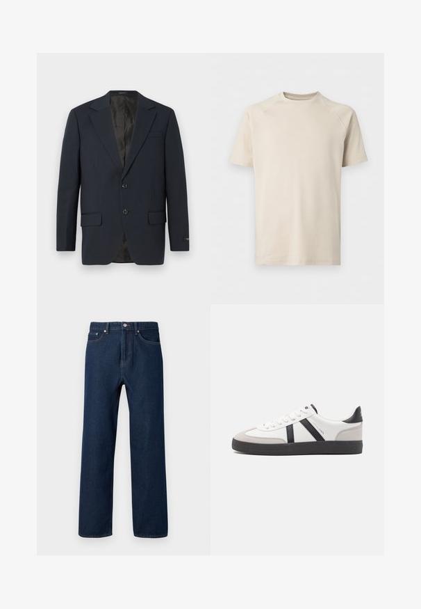 Marineblauwe blazer, twee knopen, notch-revers, twee voorzakken, gestructureerde stof en een gladde zwarte binnenvoering.; Beige T-shirt met korte mouwen en ronde hals met raglanmouwen, effen en van gladde stof.; Donkerblauwe denim jeans met een rechte snit, vijf zakken en zichtbare stiksels. Voorzien van een knoopsluiting en riemlussen.; Witte sneaker met zwarte en grijze accenten, voorzien van een grijze neus met textuur, zwarte rubberen zool en platte witte veters. Schoon ontwerp, minimalistische stijl.