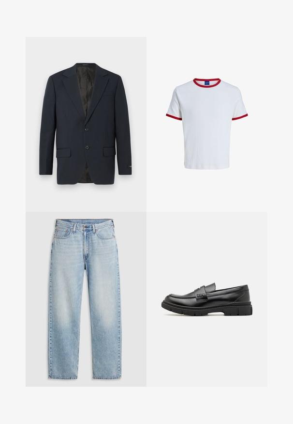 Marineblå blazer, to-buttons lukning, notch lapels, to forlommer, struktureret stof og en glat sort inderside.; Hvid T-shirt med korte ærmer med rød kant på krave og ærmekanter, vist på en ensfarvet baggrund.; Lyseblå lige jeans med fem lommer, metalknaplukning og falmede detaljer ved lårene og knæene, lagt fladt på hvid baggrund.; Sort læder loafersko med en bred rem over forfoden, gummisål med tykke mønstre og glat overflade. Klassisk, slankt design.