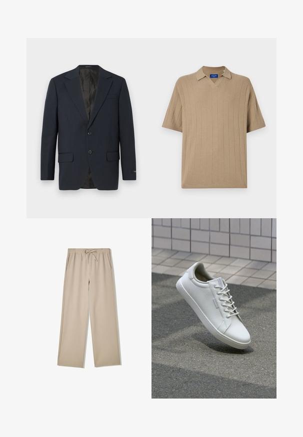 Marineblå blazer, to-buttons lukning, notch lapels, to forlommer, struktureret stof og en glat sort inderside.; Jack & Jones Knitted Plain Knitted - Poloshirts - silver sage; Beige bukser med vidde i benene, elastisk talje og snor, med sidelommer, lagt fladt på hvid baggrund.; Hvide sneakers lavet af tekstureret læder, med snørelukning, robust gummisål og minimalistisk design med forstærket tå.