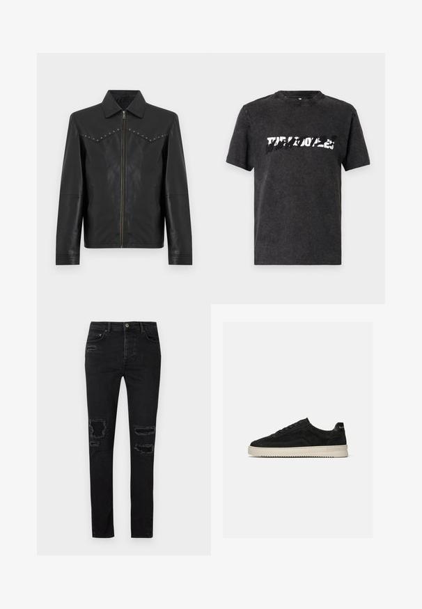 Veste en cuir noire avec fermeture éclair avant, col pointu, manches longues, poches latérales et clous argentés le long des coutures de la poitrine.; T-shirt en coton noir avec un col ras du cou, affichant un design graphique blanc audacieux et usé sur la poitrine. Manches courtes.; Jean en denim noir avec une coupe slim, dotés de déchirures usées au niveau des genoux, de coutures ton sur ton et d'une fermeture classique à bouton et à zipper.; Baskets basses en daim noir avec lacets noirs et semelle blanche en caoutchouc, vue latérale sur fond gris clair uni.
