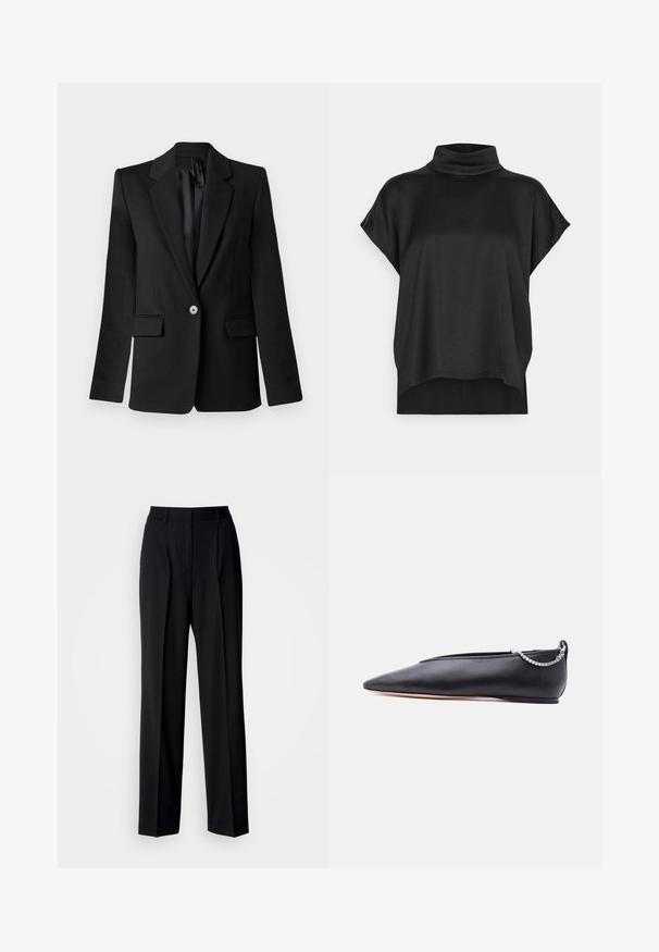 Sort blazer med klapkraver, enkelt knaplukning, to frontlommer og strukturerede skuldre. Glat stof med skræddersyet pasform.; Sort kortærmet top med en mock turtleneck. Blødt, glat stof med en løs drapering og en lige kant. Minimalistisk design, uden dekorationer.; Sorte skræddersyede bukser med høj talje, plisseringer og en vid benform. Fremstillet af glat stof med fladt foran og bæltestropper.; Sort læder flad sko med spids tå, lav hæl og sølvkæde detalje bagpå mod en ensfarvet baggrund.