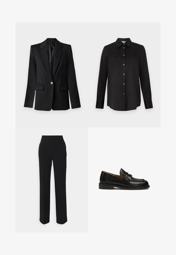 Sort blazer med klapkraver, enkelt knaplukning, to frontlommer og strukturerede skuldre. Glat stof med skræddersyet pasform.; Sort langærmet skjorte med knapper og spids krave med syv knapper, vist på en lysegrå baggrund.; Sorte, lige bukser med en glat tekstur. Har en talje og ingen synlige mønstre eller accenter. Klassisk og skræddersyet design.; Sort læder loafers med rund tå, dekoreret overrem og lav stablet hæl. Glat tekstur og minimale syninger.