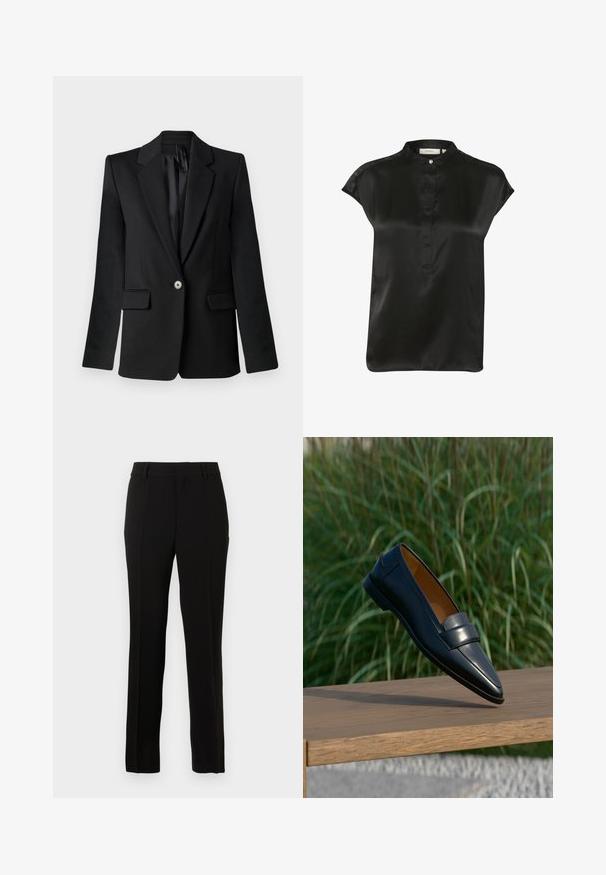 Sort blazer med klapkraver, enkelt knaplukning, to frontlommer og strukturerede skuldre. Glat stof med skræddersyet pasform.; Sort silkebluse med mandarin-krave, korte kap-ærmer og en frontplade med en enkelt knap. Glat tekstur og skræddersyet pasform.; Sorte skræddersyede bukser lavet af et glat materiale, med lige snit, pressefolder, bæltesløjfer og lynlås til lukning.; Sort herres læderloafer med remdetalje balancerende på kanten af en træbænk mod en sløret grøn græs baggrund.