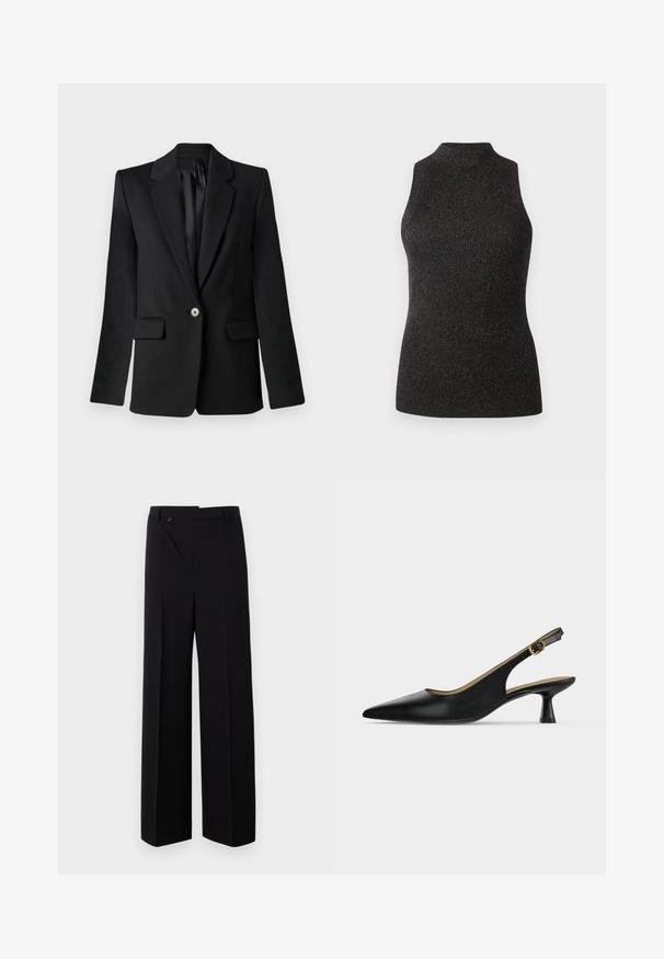 Sort blazer med klapkraver, enkelt knaplukning, to frontlommer og strukturerede skuldre. Glat stof med skræddersyet pasform.; CLOSED SLEEVELESS - Top - black; Sorte brede bukser med flad front, knaplukning og glat stoftekstur. Har en lige pasform og skarpe linjer.; Sort, spids slingback-sko med lav hæl, guldfarvet spænde over vristen og udsvinget hæl, vist på en ensfarvet lys baggrund.