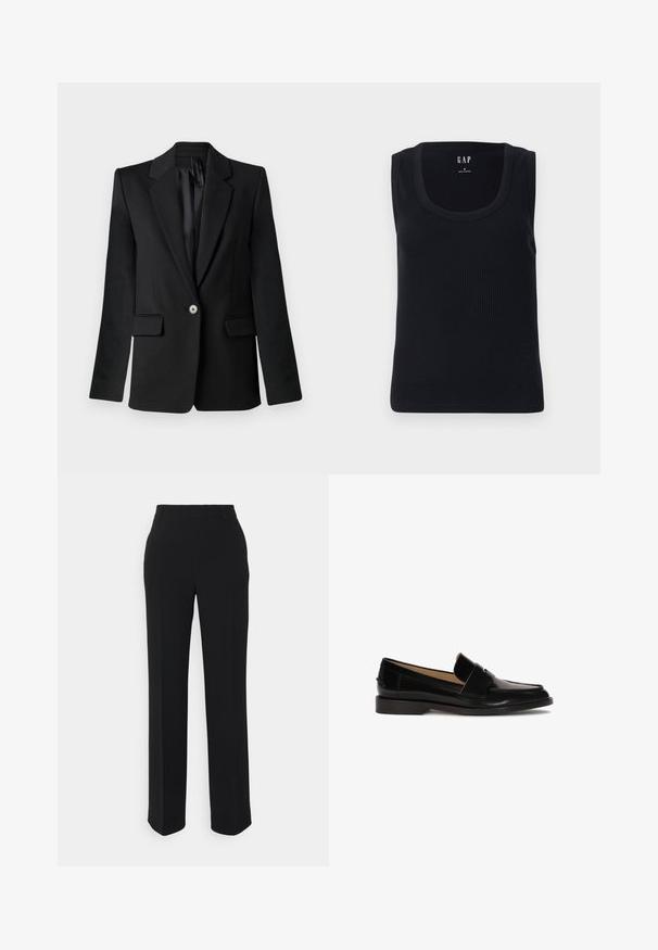Sort blazer med klapkraver, enkelt knaplukning, to frontlommer og strukturerede skuldre. Glat stof med skræddersyet pasform.; Sort ribbet tanktop med rund halsudskæring, ærmeløs design og tætsiddende silhuet. Mærket er vist i den øverste midte.; Sorte, lige bukser med en glat tekstur. Har en talje og ingen synlige mønstre eller accenter. Klassisk og skræddersyet design.; Sorte læder loafers med glat finish, afrundet tå og en dekorativ rem over fronten. Lav blokhælsdesign.