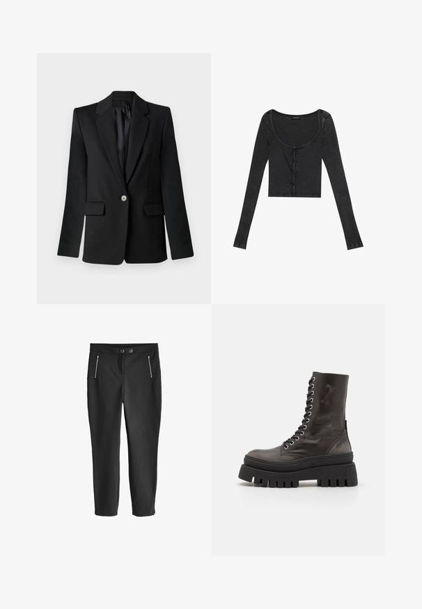 Sort blazer med klapkraver, enkelt knaplukning, to frontlommer og strukturerede skuldre. Glat stof med skræddersyet pasform.; Sort ribbet langærmet cropped top med en scoop halsudskæring, knaplukning foran og tekstureret stof. Har subtile lodrette striber.; Next SKINNY PETITE - Bukser - mottled black; Sorte læder ankelstøvler med en kraftig platformsål, rund tå og metaløjer til snøringer. Den teksturerede overflade tilføjer visuel interesse.