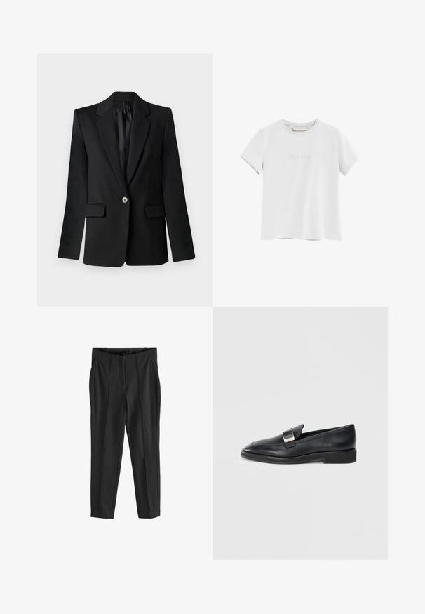 Sort blazer med klapkraver, enkelt knaplukning, to frontlommer og strukturerede skuldre. Glat stof med skræddersyet pasform.; Hvid T-shirt med korte ærmer og rund hals, med lille perforeret "Polo Club"-tekst på brystet og en "Polo Club"-label indvendigt i kraven.; Sorte bukser med en glat tekstur, udstyret med lommer med lynlås foran og udtryksfulde folder. Minimalistisk design med en skræddersyet pasform.; Sorte læder loafers med en sølv rektangulær spænde på toppen og en lav hæl på en hvid baggrund.