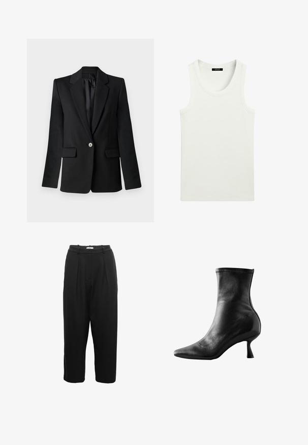 Sort blazer med klapkraver, enkelt knaplukning, to frontlommer og strukturerede skuldre. Glat stof med skræddersyet pasform.; Hvid ærmeløs ribstrikket tanktop med rund halsudskæring og label indeni kraven.; Sorte bukser med højt talje, plisseret front og vide ben. Fremstillet i et glat, struktureret stof; har bæltestropper og sidelommer.; Sort læder ankelstøvle med spids tå, tætsiddende design og en lav, udskilt hæl, med glat tekstur og minimale syninger.