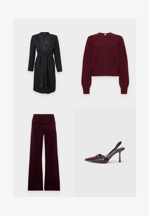 Schwarzer langer Mantel aus strukturiertem Stoff, mit einem Spitzenrevers, langen Ärmeln und einem passenden gebundenen Gürtel in der Taille. Glatte Satin-Außenfutter.; Bordeauxfarbener Wollmischung-Pullover mit Rundhalsausschnitt, langen Ärmeln sowie gerippten Bündchen und Saum.; Bordeauxrote Cordhose mit weitem Bein und hoher Taille, ausgestattet mit einem Reißverschluss, Knopfverschluss und Seitentaschen. Glatte Textur mit vertikalen Rippen.; Bordeauxroter Slingback-Pumps aus Lackleder mit spitz zulaufender Vorderkappe, dünnem Knöchelriemen und kleiner dekorativer Schnalle. Glatte Textur und hoher Absatz.