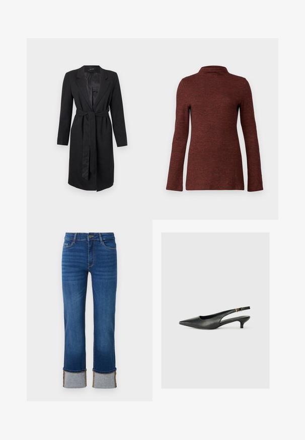 Schwarzer langer Mantel aus strukturiertem Stoff, mit einem Spitzenrevers, langen Ärmeln und einem passenden gebundenen Gürtel in der Taille. Glatte Satin-Außenfutter.; Langärmeliger Rollkragenpullover in einer strukturierten Rostfarbe, mit einer taillierten Silhouette und einem glatten, weichen Stoff.; Blaue Denim-Jeans mit geradem Bein und aufgerollten Säumen in Hellgrau. Mittlere Leibhöhe und traditionelles Fünf-Taschen-Design.; Schwarzer Slingback-Schuh mit spitzem Zehenbereich aus glattem Leder. Mit einem dünnen Absatz und einer dekorativen Schnalle am verstellbaren Riemen.