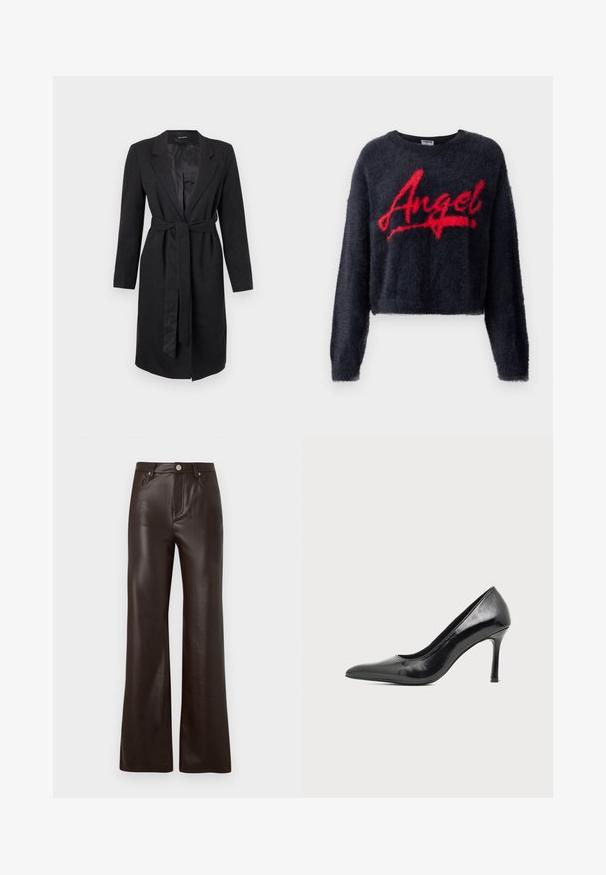 Schwarzer langer Mantel aus strukturiertem Stoff, mit einem Spitzenrevers, langen Ärmeln und einem passenden gebundenen Gürtel in der Taille. Glatte Satin-Außenfutter.; Schwarzer, flauschiger Longsleeve-Pullover mit rotem Schriftzug "Angel" über der Brust, Rundhalsausschnitt und verkürztem Saum.; Vero Moda Wide-leg VMTESSA High rise - Stoffhose - chocolate torte; Schwarzer Damenspitzschuh aus Lackleder mit spitzer Zehenpartie und schlankem Absatz auf hellem, schlichter Hintergrund.
