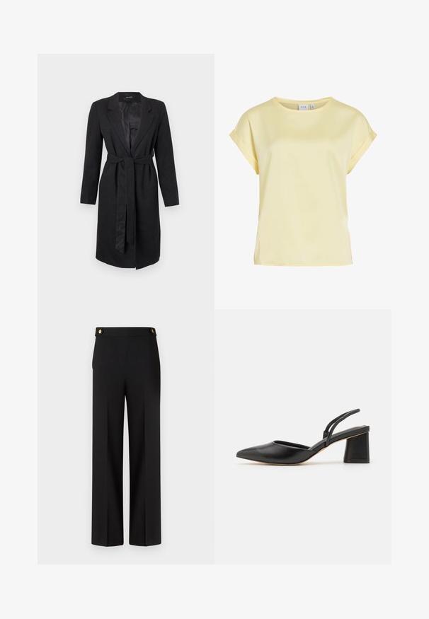 Manteau long noir en tissu texturé, avec un revers en pointe, des manches longues et une ceinture assortie à nouer à la taille. Doublure en satin lisse.; Blouse jaune clair à manches courtes avec poignets retroussés et encolure ronde, en tissu lisse, étiquette de marque VILA à l'intérieur du col.; Pantalons noirs à jambes larges avec une texture lisse, un devant plat et des accents de boutons dorés à la taille. Coupe ajustée avec un design épuré.; Chaussure slingback en cuir noir avec un bout pointu, un petit talon carré et un design minimaliste comprenant de fines lanières et une texture lisse.