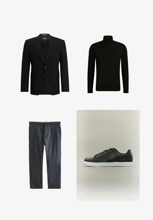 Blazer noir à un seul bouton, fabriqué en tissu lisse. Doté de deux boutons, de revers en pointe et de deux poches avant. Intérieur doublé.; FALKE Basic Roll Neck - Pullover - black; Pantalon gris foncé à jambes droites avec bouton devant, fermeture éclair, passants de ceinture et poches latérales inclinées, présenté à plat sur fond blanc.; Baskets basses noires avec semelle en caoutchouc blanche et lacets noirs, présentées de profil sur un fond beige clair.