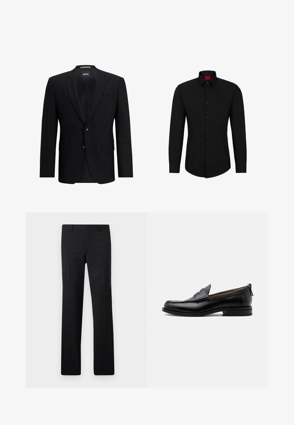 Blazer noir à un seul bouton, fabriqué en tissu lisse. Doté de deux boutons, de revers en pointe et de deux poches avant. Intérieur doublé.; Chemise noire à manches longues avec un devant boutonné, col classique et ourlet arrondi ; comporte des boutons noirs et un logo rouge à l'intérieur du col.; Pantalons noirs ajustés avec une coupe droite, des plis marqués et une finition lisse. Fabriqués en tissu léger avec une taille nette.; Mocassin homme en cuir noir avec couture moc toe, bride penny, col texturé et petit talon empilé sur fond blanc.
