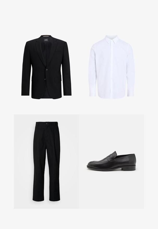 Zwarte enkelvoudig ingestikte blazer van gladde stof. Beschikt over twee knopen, reverskraag en twee frontzakken. Gevoerde binnenkant.; Wit overhemd met lange mouwen en klassieke kraag, gemaakt van gladde stof, voorzien van een knoopsluiting aan de voorkant en een afgeronde zoom.; Zwarte rechte broek met een knoopsluiting, lusjes voor een riem en een voornaad, gepresenteerd tegen een effen witte achtergrond.; Zwarte leren instappers met een ronde neus en subtiele stiksels. Gladde textuur en lage hak met branding op de achterkant.