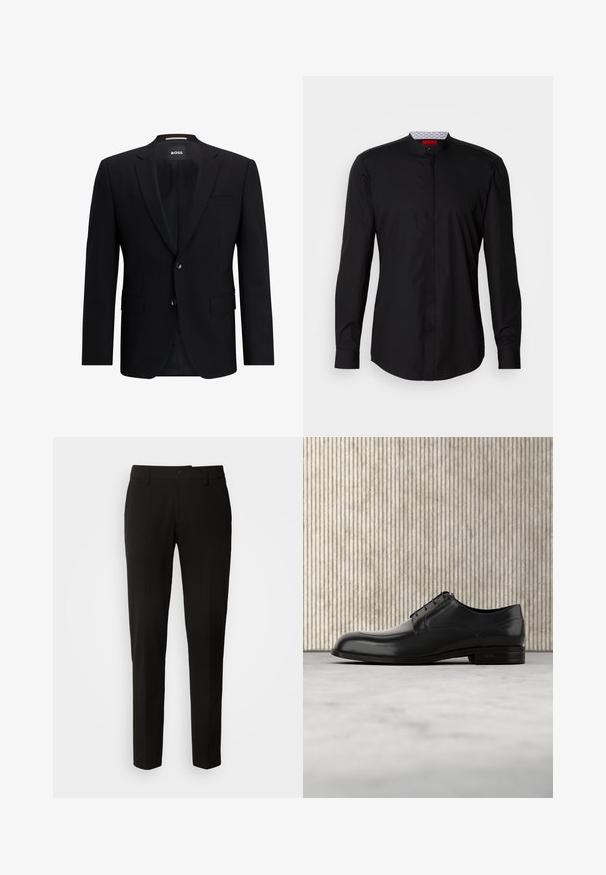 Zwarte enkelvoudig ingestikte blazer van gladde stof. Beschikt over twee knopen, reverskraag en twee frontzakken. Gevoerde binnenkant.; Zwart shirt met lange mouwen en een mandarijnkraag, gemaakt van een gladde stof, met een knoopsluiting aan de voorkant en subtiele designdetails.; Zwarte broek met een rechte pijpontwerp, voorzien van een knoopsluiting, riemlussen en een gladde stoftextuur. Geen zichtbare patronen of accenten.; Zwarte leren dress shoe met een ronde neus, een gladde textuur, minimale naden en een platte zool met subtiele branding op de hiel.