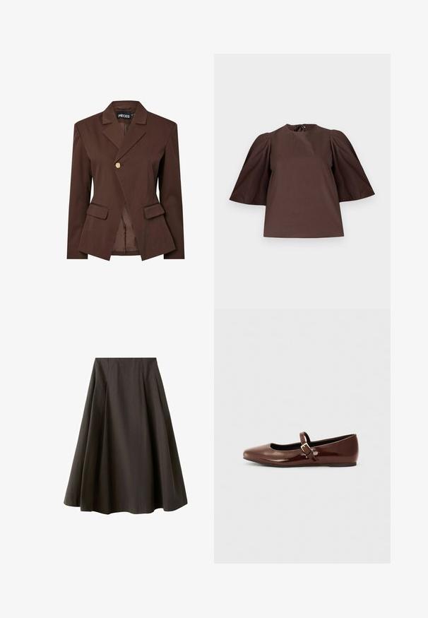 Blazer marron sur mesure avec une fermeture à un seul bouton en or, revers crantés et deux poches avant. Tissu lisse avec une coupe structurée.; Blouse marron avec manches courtes bouffantes et col rond, présentée sur un fond gris clair uni.; Jupe noire trapèze à taille haute avec ourlet évasé, fabriquée en tissu lisse, présentée sur fond blanc.; Ballerine en cuir verni marron avec un bout carré et une lanière ornée d'une petite boucle dorée. Texture lisse, talon bas et design minimaliste.