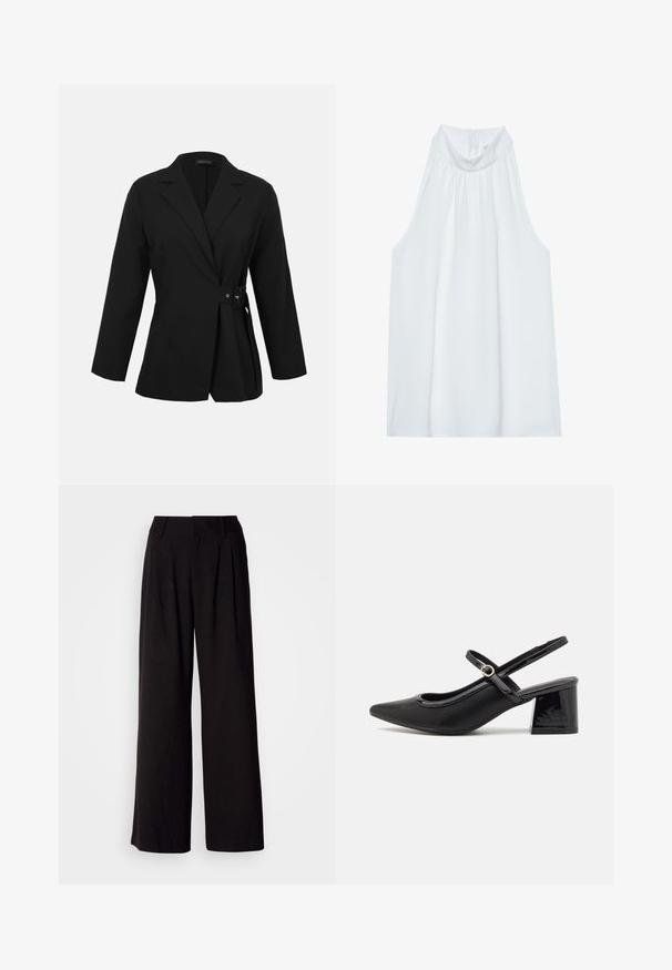 Blazer noir cintré avec manches longues, revers à cran et détail de boucle latérale à la taille.; Haut sans manches blanc avec un col montant, en tissu doux, présentant des détails froncés au niveau du col et une fermeture éclair dissimulée à l'arrière.; Pantalon large noir en tissu lisse, avec des plis à l'avant, une taille ajustée, et sans motifs ni accents visibles.; Escarpins slingback en cuir verni noir avec un embout pointu, un design à découpes arrondies et un talon carré. Présente un accent de boucle en ton doré.