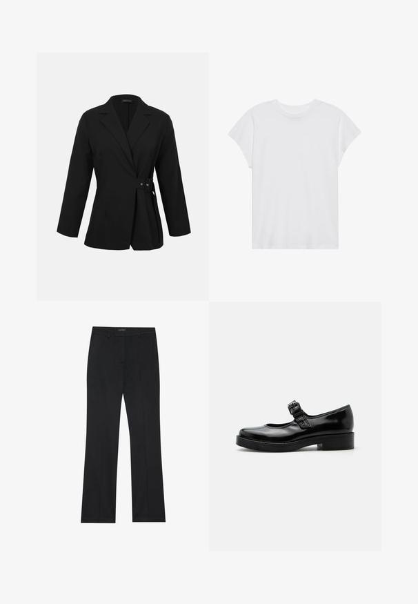 Blazer noir cintré avec manches longues, revers à cran et détail de boucle latérale à la taille.; T-shirt blanc à manches courtes, col rond, coupe décontractée, en tissu de coton doux. Texture lisse, sans motifs ni logos.; Pantalon noir à coupe droite, en tissu lisse et sans motifs visibles. Conçu avec des poches avant classiques et un zip.; Chaussure Mary Jane en cuir verni noir avec bout rond, petit talon bloc et bride réglable avec boucle sur le coup de pied.